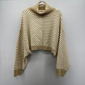 Maronie Camel‎ Cream Checkered Stripe Turtleneck Dolman Sleeve Cropped Sweater